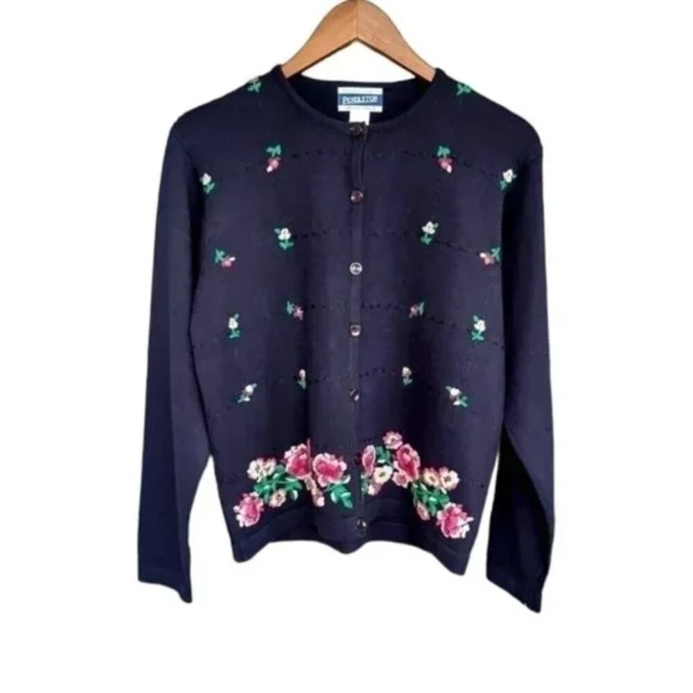 Pendleton Vintage Navy Blue Cottagecore Cardigan With Pink Embroidered Flowers